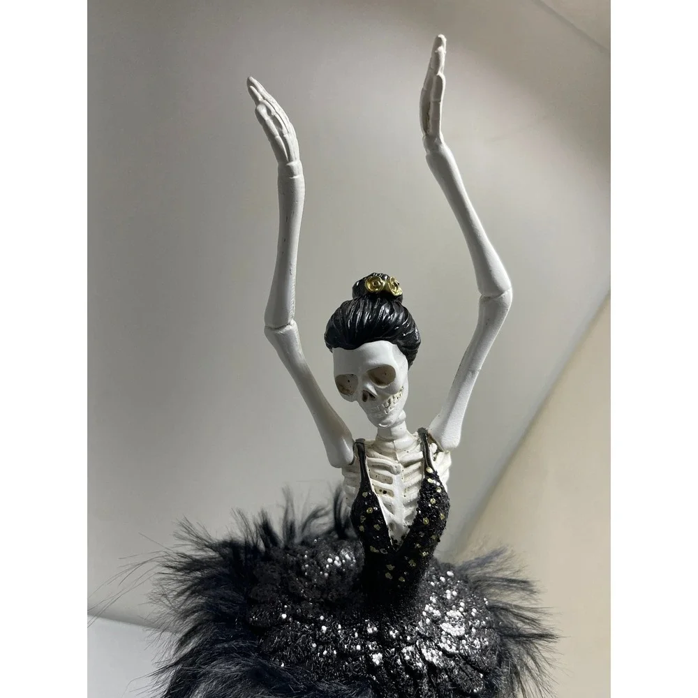 Bella Lux Skeleton Ballerina Halloween Decor Black Feather Tutu Gothic Figurine